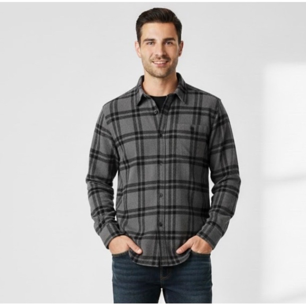 Hollister Mens‎ Flannel Shirt Grey Black Plaid Long Sleeve Button Down Shirt Med